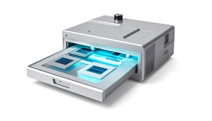 Luminous Blue Light Illuminates Photographic Slides in a Sleek Retro Metallic Viewer