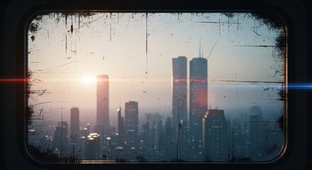 A hazy, sunlit view of a metropolis with twin towers, framed by a scratched and weathered window.
