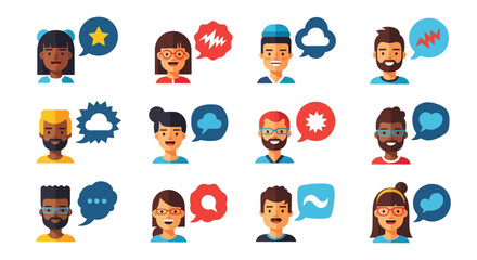 Diverse individuals in conversations using geometric speech bubbles on white background