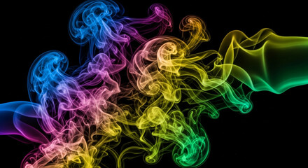 Vibrant rainbow colored smoke wisps dance gracefully against a deep black background, creating a mesmerizing and ethereal abstract flow.