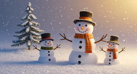 Three Snowmen in Winter Scene