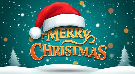 Santa Hat and Merry Christmas with Snow, Merry Christmas text with Santa Clause hat on it 
