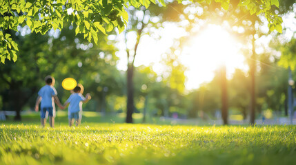 Obraz premium Children playing outdoors, holding hands, sunlight, green grass, trees, joyful moment, summer day