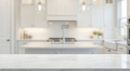 Sleek white kitchen with marble countertop.
