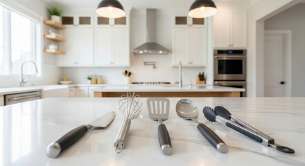 Modern kitchen with sleek utensils on a marble countertop.