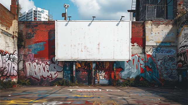 an empty billboard stands amidst vibrant graffiti art in urban setting, presenting a stark contrast between advertisement and street art