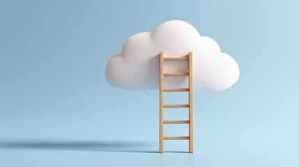 A playful minimalist conceptual scene showing a miniature wooden ladder standing upright against a white paper cutout shaped like a fluffy cloud