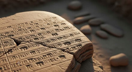 Ancient carved tablet with symbols in sunlight.