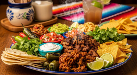 Festive Mexican dish with colorful sides.