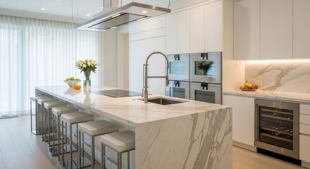 Modern kitchen with sleek marble surfaces.