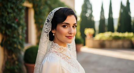 Bride in elegant lace veil outdoors.