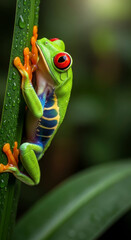 Vibrant red-eyed tree frog on a leaf