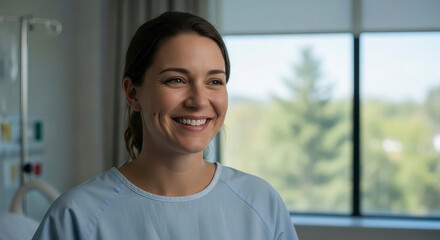 Smiling woman in hospital gown, natural light