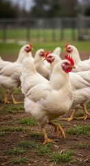 White chickens freely roaming on a farm.