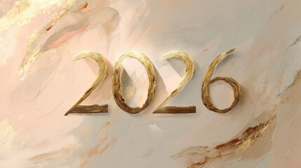 Luxury golden 2026 typography on elegant marble texture background, minimalist New Year design with shimmering gold details and soft pastel tones