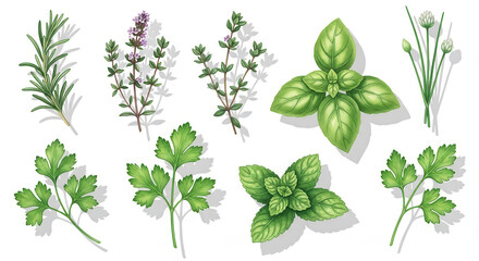 Illustration of various fresh herbs.