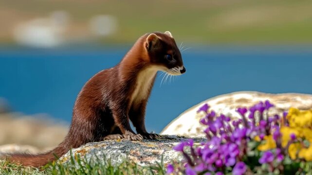 Curious stoat in spring meadow by lake