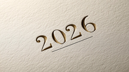 Luxurious 2026 title engraved or embossed on high-quality, textured cream paper with a subtle underline. Elegant concept for New Year's greetings, high-end invitations, calendar design