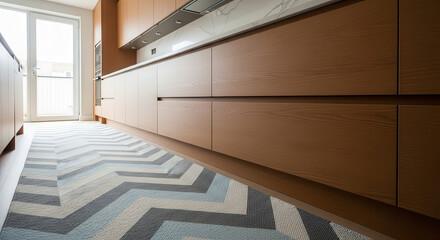 Modern kitchen with wooden cabinets and geometric rug.