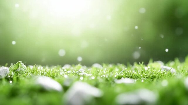 A Tranquil Meadow: A serene and delicate scene captures the essence of nature, with dewdrops and a soft green grass in the foreground. and a dreamy atmosphere.