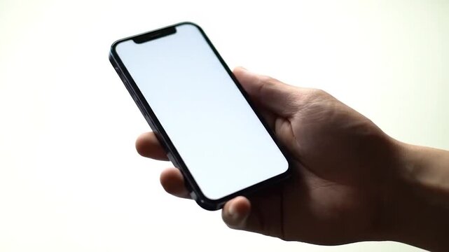 Close-up of a hand holding a modern smartphone with a blank white screen against a bright background