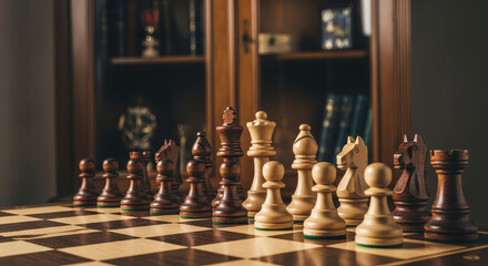 Classic wooden chess set in luxurious library.