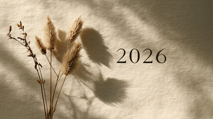 2026 written in thin modern font against a textured beige background with dried ornamental grass in sunlight. Concept for New Year, planning, calendars, goals, and future predictions