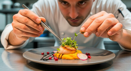 Chef garnishing a gourmet dish with precision.