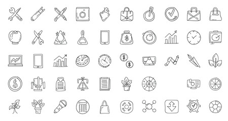 Handdrawn doodle icon set isolated on white background featuring business, finance, and ecommerce elements for website, app, and presentation design