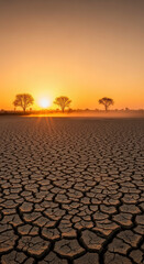 Sunset over barren cracked ground landscape.