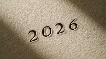 Minimalist 2026 New Year design with the year debossed or subtly embossed on a textured cream paper background. Elegant, clean template for annual reports, future business planning, greeting cards