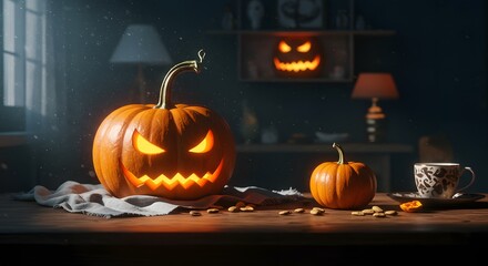 Spooky Halloween Night - Carved Pumpkins and Eerie Glow.