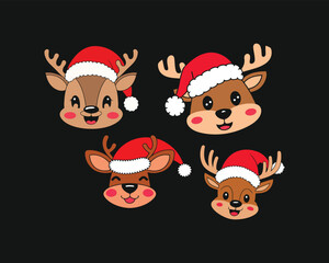 cute happy reindeer wearing santa hat vector illustration