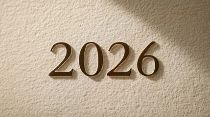 2026 New Year Goals and Future Planning Concept. Minimalist typography for the year 2026 in a thin, modern font on a soft cream paper texture background