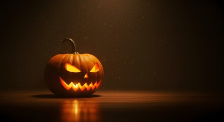 Spooky Halloween Pumpkin with Glowing Face on Dark Background.