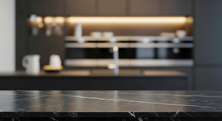 Modern kitchen interior with marble counter.