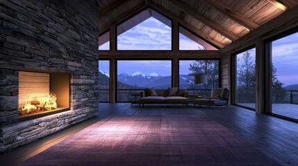 Fototapeta premium Cozy cabin interior featuring stone fireplace, large windows, and stunning mountain views creates warm atmosphere