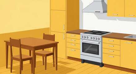 Modern kitchen interior with yellow cabinets.
