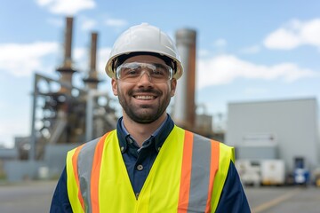 Smiling engineer in safety gear with industrial plant in the background