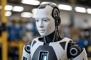 Closeup of a humanoid robot with a realistic face and humanlike features