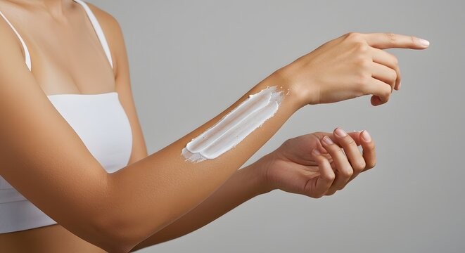 Close up of woman applying moisturizing cream to her arm for healthy skin.