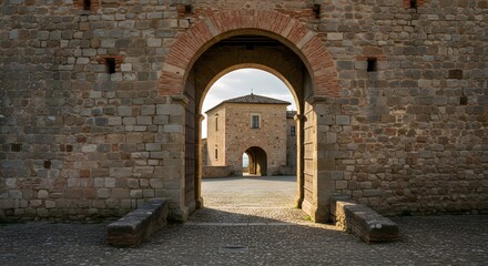 Fototapeta premium Ancient stone archway reveals courtyard with building beyond, bathed in sunlight