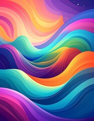 A vibrant abstract artwork featuring flowing, undulating waves of various colorful hues, like a rainbow