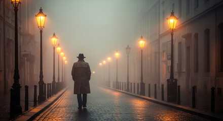 Mysterious figure in trench coat walks down foggy cobblestone street illuminated by vintage lampposts creating an atmospheric noir scene