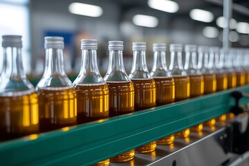 Bottles filled with liquid on a conveyor belt in a factory setting