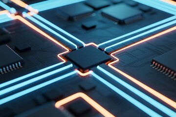 Closeup of a computer chip with glowing blue and orange light trails