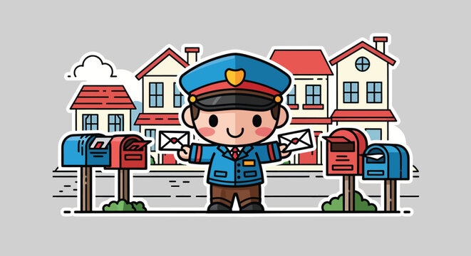 Cute cartoon postman delivers mail to mailboxes on a suburban street, bringing joy and connection to the neighborhood with a cheerful and friendly demeanor.