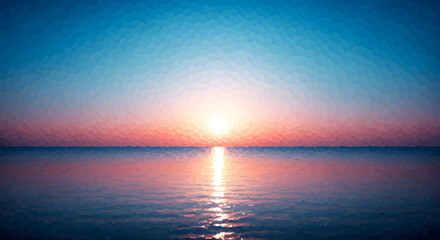 A breathtaking sunset over the calm ocean, with the sun reflecting on the water, creating a serene and peaceful atmosphere at dusk