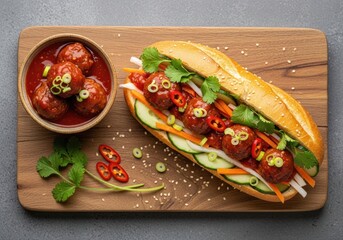 Spicy Asian Meatball Banh Mi Sandwich with Pickled Vegetables — Overhead Food Photo