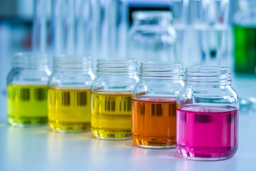 Colorful liquids in glass jars arranged in a row in a laboratory setting